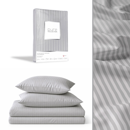 Pościel Adamaszek 140x200 Gładka Satynowa w Pasy Premium Jasna Szara