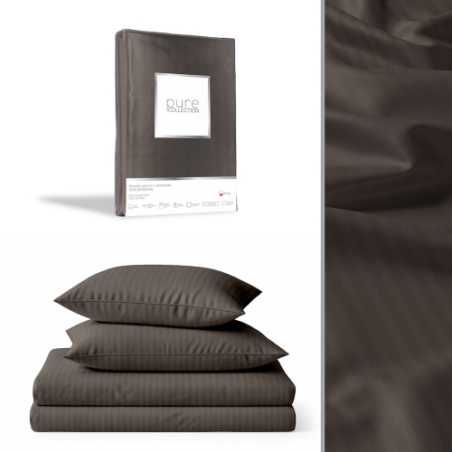 Pościel Adamaszek 140x200 Gładka Satynowa w Pasy Premium Brązowa Mocha