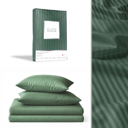 Pościel Adamaszek 140x200 Gładka Satynowa w Pasy Premium Oliwkowa/Zielona