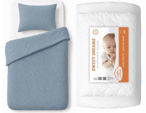 Komplet Niemowlęcy 100x135 Pościel Muślinowa niebieska + Kołderka 100x135 BAWEŁNA Premium 
