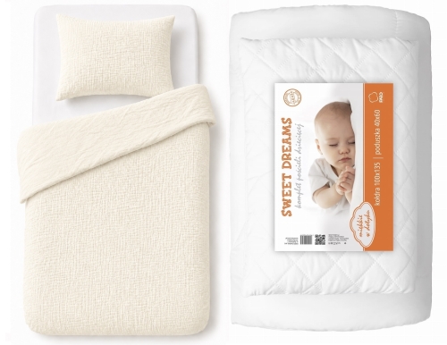 Komplet Niemowlęcy 90x120 Pościel Muślinowa kremowa + Kołderka 90x120 BAWEŁNA Premium 