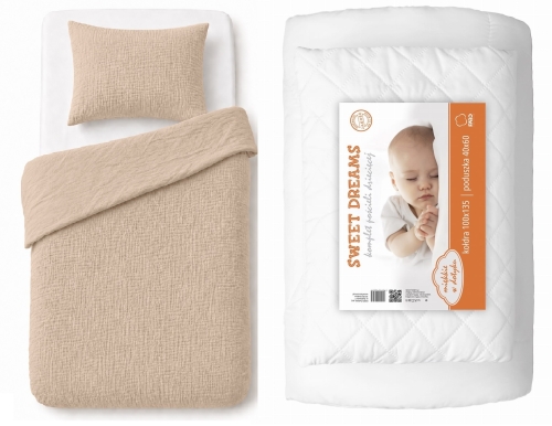 Komplet Niemowlęcy 90x120 Pościel Muślinowa beżowa + Kołderka 90x120 BAWEŁNA Premium 
