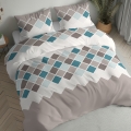 Pościel Flanelowa 220x200 Geometryczna beżowa z turkusem