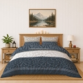 Pościel Flanelowa 220x200 Ornament kwiatowy Granatowa z beżem