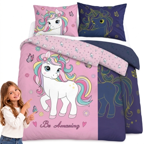 Pościel Świecąca w ciemności 160x200 Jednorożec Unicorn kolorowy dla dziewczynki