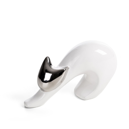 Figurka z glinki ceramicznej Kot 20 x 7 x 13 cm biała+srebrna