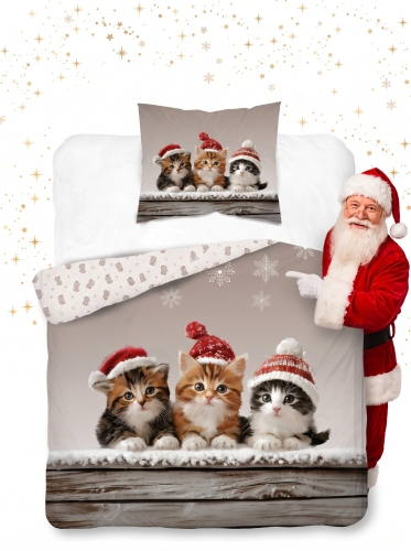 Pościel Świąteczna 140x200 Kotki Świąteczne MERRY CHRISTMAS  