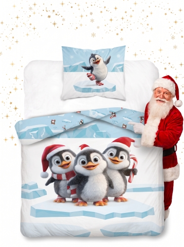 Pościel Świąteczna 140x200 Pingwinki Świąteczne MERRY CHRISTMAS  