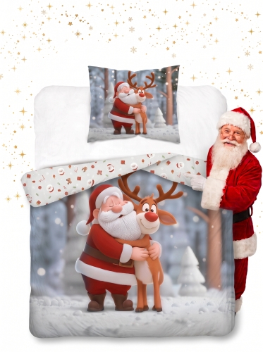 Pościel Świąteczna 160x200 Mikołaj Renifer Świąteczny MERRY CHRISTMAS   