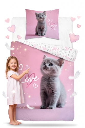 Pościel Młodzieżowa 160x200 Kotek Szary na różowym tle