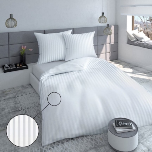 Pościel Satynowa 140×200 biała pasy 2cm z zakładem hotelowym 