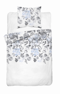 Pościel Bawełna 140x200cm Kwiaty Niebieski Popiel
