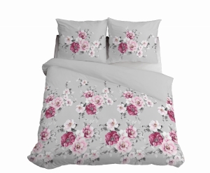 Pościel 160x200 Satynowa Mikrofibra Kwiaty Czerwone na Popielu 