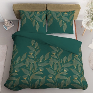 Pościel Satynowa 220x200 Liście Zielone Złote Ornamenty 