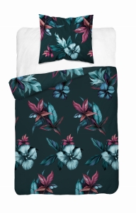 Pościel Satynowa 140x200 Kwiaty Zieleń Turkus