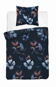 Pościel Satynowa 140x200 Kwiaty Granat Turkus