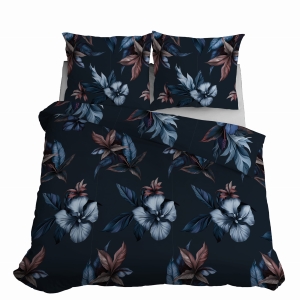 Pościel Satynowa 160x200 Kwiaty Granatowe