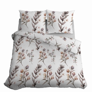 Pościel Satynowa 220x200 Kwiaty Liście Beż Popiel 