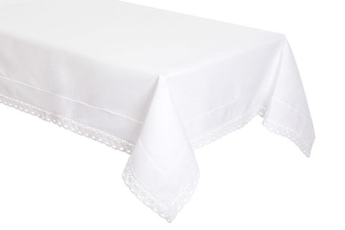  Biały obrus z Mereżką i koroną 140x180 Elegancki jak Len  