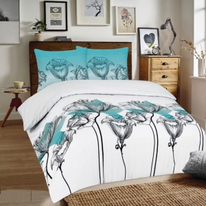 Pościel Flanelowa 220x200 F70A1 Biała z Turkusowymi Tulipanami