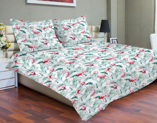  Pościel satynowa Matex PREMIUM 160x200 Flamingi Liście