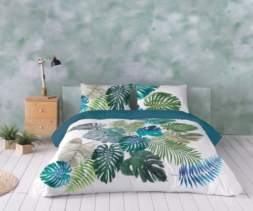 Pościel Satyna Bawełniana PRESTIGE 160x200 Zielone Liście