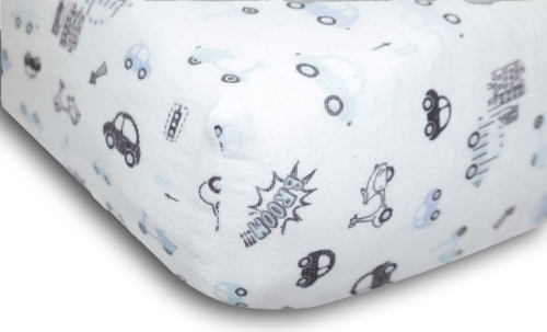 Prześcieradło MUSLIN DESIGN Z Gumą 60x120x10 Białe W Autka