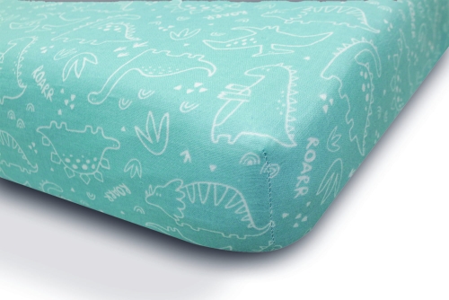 Prześcieradło MUSLIN DESIGN Z Gumą 60x120x10 Turkusowe W Dinozaury