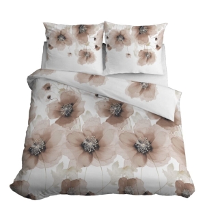 Pościel Satynowa 160x200 Kwiaty Beżowa Jasna