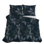 Pościel 220x200 Satynowa Mikrofibra Kwiaty Liście Niebieska