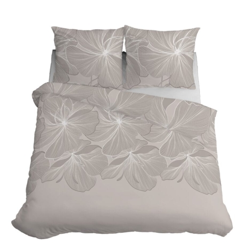 Pościel 220x200 Satynowa Mikrofibra Kwiaty Liście Beżowa 