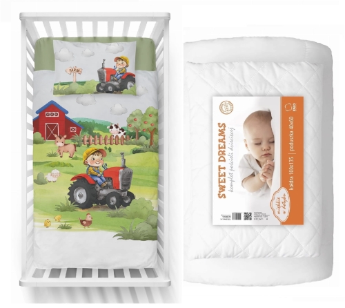 Komplet do łóżeczka 90x120 Kołdra + Pościel Bambusowa Traktorek Czerwony Farma 