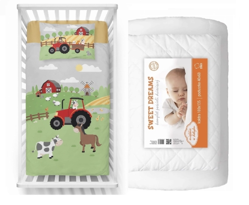 Komplet do łóżeczka 90x120 Kołdra + Pościel Bambusowa Traktorek Czerwony Farma 