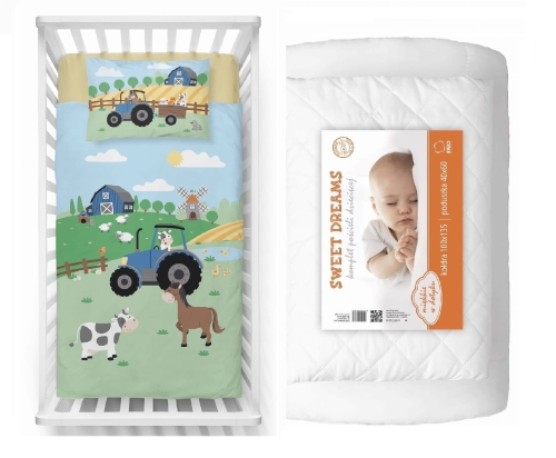 Komplet do łóżeczka 90x120 Kołdra + Pościel Bambusowa Traktorek Niebieski Farma 