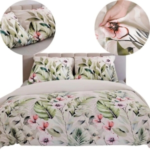 Pościel 160x200 Satyna Bawełniana Pradis Kwiaty Liście zieleń
