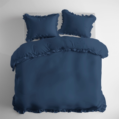 Pościel Bawełniana z falbanką 160x200 3 cżęściowa Granatowa Denim
