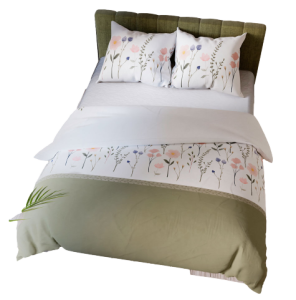 Pościel 160x200 Satyna Bawełniana Fable Elegancka kwiatowa  z zielenią oliwkową